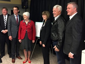 Politicians and local health administrators were all smiles after an announcement that the province will fund a new power plant for Wallaceburg's hospital. From left are: Erie-St. Clair LHIN CEO Ralph Ganter, Lambton-Kent-Middlesex MPP Monte McNaughton, Guelph MPP Liz Sandals, CKHA president and CEO Lori Marshall, Chatham-Kent-Leamington MPP Rick Nicholls and CKHA board chair Greg Aarssen. David Gough/Postmedia Network