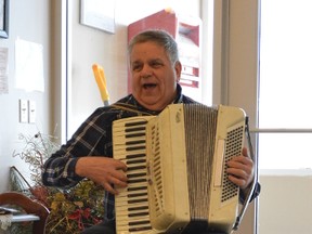 Lewis Byer plays the accordion at The Walford. Byer says he travels 500 kilometres every weekend, visiting retirement residences and the Monteith Correctional Complex. Walford director of care Casey Hills says more musicians are needed to provide entertainment to seniors.