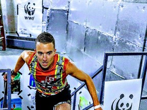 Tyler Kruschenske of Brantford is the fastest to reach the top of the CN Tower, with a time of 10 minutes and 43 seconds, for a World Wildlife Fund Canada fundraiser on April 8. (WWF Canada)