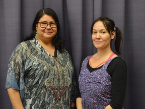 Cynthia Lickers-Sage, left, and Christine Friday, stop at the Timmins Public Library on Friday afternoon to share the funding opportunities available for Indigenous artists. The duo, who work with national organization Indigenous Performing Arts Alliance, hope to connect Indigenous performers of all kinds.