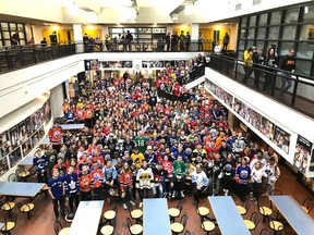 Students at Bev Facey Community High School gather in their jerseys as a show of support for the Humboldt Broncos, following the recent tragedy of 16 players and staff members killed in a bus crash.

Photo Supplied