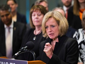 Premier Rachel Notley talks about new legislation giving Alberta the power to control the oil and gas resources as members of the Alberta NDP government caucus listen on Monday, April 16, 2018 in Edmonton. Greg Southam / Postmedia