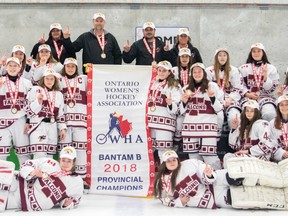 The members of the Falcons Bantam “B” team, top from left, are Hailey Emery, Kylah Small, Alexa Tremblay, Sarah Nielsen, Avery Vincze, Katrina Reimer, and Chloe Durepos. Middle row from left, Mackenzie Bruneau, Emily Brunet, Jasmine Groleau, Mya Hamelin, Janey Verbeek, Danika LaPierre, Alysha Moreau and goalies Emilie Robert and Kylee Deschamps. Coaching staff are Chantal Emery, Rick Tremblay, Shaun Hamelin and Kera Hamelin. Missing from photo is Brody Emery.