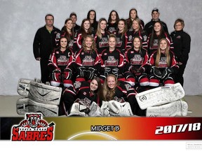 Above are the Midget B Sabres girls who captured the provincial silver medal in Toronto on April 8. In the back row from (l-r) are assistant coach Paul Gorman, Morgan Lewis, Alison Pache, Ally Hayter and assistant coach Larry Lewis.  Middle row from (l-r) are coach Jim Lewis, Megan Morrissey, Rachel Hayden, Emily Apps, Hailey Hanson, McKenna Robinson, Lianne Taylor, and trainer Deb Hayter. Front row from (l-r) are Leah Clausius, Emma Regier, Jayda Consitt, Madison Livermore and Phylicia Krainz. Lying in front are goaltenders Jillian Regier (left) and Avery Robinson (right). Missing from the team photo is Allison Gorman. (Handout/Exeter Lakeshore Times-Advance)