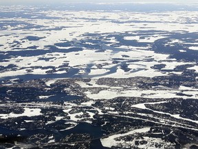 An aerial shot looking south at the ice cover of Lake of the Woods and the surrounding waterways, with the Keewatin Bridge in the centre, taken by pilot Tim Armstrong for his Lake of the Woods Ice Patrol blog on Friday, April 13.
TIM ARMSTRONG/LAKE OF THE WOODS ICE PATROL