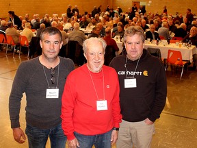 Ron McDonald, middle, was joined by his sons Kelvin McDonald, left, and Kevin McDonald, at the annual Navistar Retirees and 15-year Service Banquet held in Chatham, Ont. on Friday April 29, 2016. The annual event takes place again on April 21, 2018. (Ellwood Shreve/Chatham Daily News/Postmedia Network)
