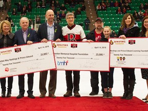 Jason Scouse/Belleville Senators
The Belleville Senators presented five cheques of $25,000 each to five different charities in the Quinte region during last weekend's final regular-season AHL home game for 2017-18 at Yardmen Arena.