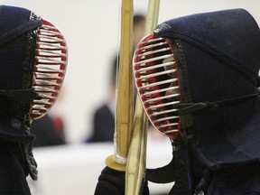 Stratford Kendo Club athlete Samuel Appavoo competes during the first Stratford Kendo Invitational Saturday at St. Mike’s. (Cory Smith/The Beacon Herald)