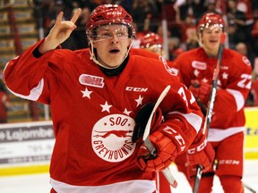 Sault Ste. Marie Greyhounds winger Ryan Roth celebrates his first-period goal, the Hounds’ second, against the Owen Sound Attack during OHL playoff action Tuesday, April 17, 2018 at Essar Centre in Sault Ste. Marie, Ont. JEFFREY OUGLER/SAULT STAR/POSTMEDIA NETWORK