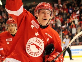 Sault Ste. Marie Greyhounds winger Ryan Roth celebrates his first-period goal, the Hounds’ second, against the Owen Sound Attack during OHL playoff action Tuesday evening at Essar Centre. JEFFREY OUGLER/SAULT STAR