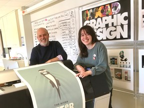 Cambrian College graphic design professor Ron Beltrame, with student Raphy Falardeau. (Photo supplied)