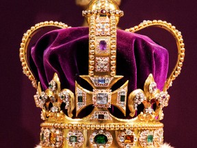 Edward's Crown, the crown used in coronations for English and later British monarchs, and one of the senior Crown Jewels of Britain, during a service to celebrate the 60th anniversary of the coronation of Queen Elizabeth II at Westminster Abbey in London on June 4, 2013. Queen Elizabeth II marked the 60th anniversary of her coronation with a service at Westminster Abbey filled with references to the rainy day in 1953 when she was crowned. (JACK HILL/AFP/Getty Images)