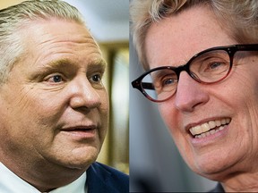 Doug Ford (left), leader of the PC Party of Ontario, drops by the PC Party offices in Queen's Park in Toronto on March 12, 2018. Ernest Doroszuk/Toronto Sun/Postmedia Network. Ontario Premier Kathleen Wynne (right) talks to media after appearing as a witness in the Election Act bribery trial in Sudbury Wednesday on Sept. 13, 2017. The Canadian Press/Sean Kilpatrick