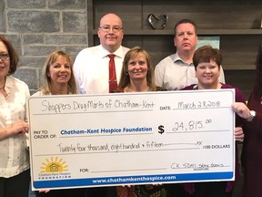 The Chatham-Kent Hospice has received $24,000 from Shoppers Drug Mart stores in Chatham-Kent. In the front, from left, are Delaynne Marlatt, of the Wallaceburg store; Aileen Murray, director of the Hospice Foundation; Laurie Leonard, of the Queen Street Chatham store; Erin Berry of the Blenheim store; Mary Pardo of the Blenheim store. In the back, from left, are Dwayne Johnston, Ridgetown store; Steve Walker, vice-chair of the Chatham-Kent Hospice Foundation. Absent from the photo are Susan McQuaid of the St. Clair Chatham store and Yvette Tetzlaff of the Grand Avenue Chatham store. Handout/Chatham This Week