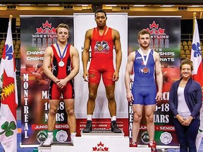 Brayden Ambo (3rd from the left) had his best meet of the 2017-18 wrestling season at the Senior Canadian Wrestling Championships in Montreal, where he won a bronze medal. (Contributed Photo)