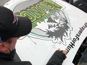 On Monday NASCAR driver DJ Kennington, from Southwold, announced he would auction off the hood of his car commemorating victims of a collision in northern Saskatchewan involving the the Humboldt Broncos hockey team. Bidding closed Wednesday afternoon. (Submitted photo)
