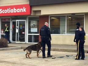 Fort Saskatchewan RCMP are seen searching the properties surrounding the city's Scotiabank on Monday morning, as they seek a suspected robber.

Lindsay Morey/Postmedia Network