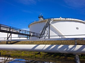 Sherwood Park's Trans Mountain terminal has seen a pipeline bridge built over Baseline Road, but work on the Alberta-to-British Columbia has been suspended in light of political uncertainty.

File Photo