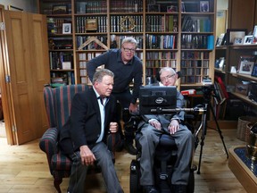 Pictured from left are William Shatner, Stratford filmmaker Craig Thompson, and Stephen Hawking on set during the filming of Thompson’s The Truth is in the Stars documentary. (Submitted photo)