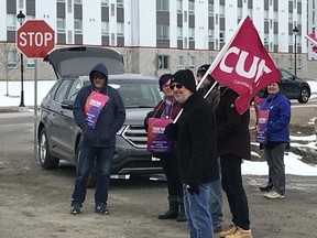 Canadian Union of Public Employees stood outside the North Bay Regional Health Centre Wednesday during a province-wide rally demanding respect at the bargaining table. CUPE is asking for a modest wage increase and no concessions. Talks broke off in September and are rescheduled for this weekend.