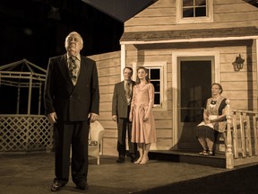 All My Sons, directed by Terry Todd, is on stage at the St. Marys Town Hall Theatre from April 26 to May 6. Pictured from left are David James (playing Joe Keller), Alex Drennan (Chris Keller), Melissa Metler (Ann Deever), and Alison Robinson (Kate Keller). (Photo by Alan Grogan)