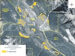 A 2017 map of Canmore with the completed Firesmart fuels reduction zones coloured in orange. Supplied