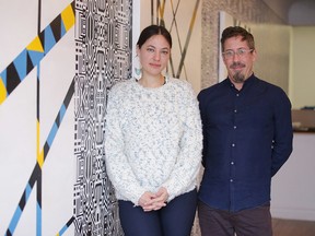 Artist Caroline Monnet, along with curator Stefan St-Laurent, at her solo exhibition Wanderlust at the The Galerie du Nouvel-Ontario. The exhibition runs until May 19. (Gino Donato/Sudbury Star)