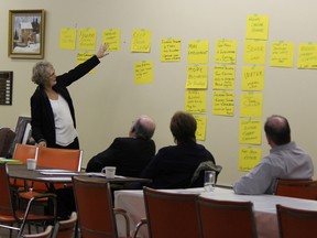 Residents of Delia gathered for a Town Hall meeting on April 4, led by Community Development Officer Julie Friesen and facilitated by Delia Council and Village Office staff to discuss their goals for the community. Friesen points out ideas to Mayor David Sisley, Deputy Mayor Dawn Bancroft and CAO Mark Nikota. Misty Hart/ Hanna Herald