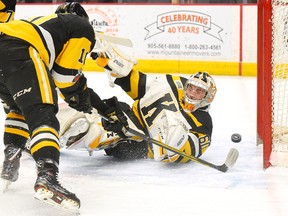 Hamilton winger Nicholas Caamano scores on Kingston goalie Jeremy Helvig at 9:39 of the first period to open the series scoring for the Bulldogs at First Ontario Centre Wednesday.
John Rennison The Hamilton Spectator