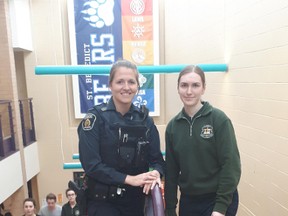 New Greater Sudbury Police community liaison officer Stefany Mussen meets with Marina Leblanc at St. Benedict Catholic Secondary School. Supplied photo