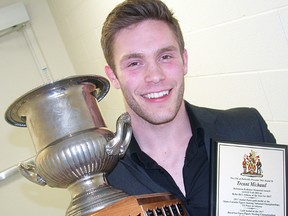 Trennt Michaud with the Robinson-Kelleher Memorial Award (ANAF Unit 201) as Belleville's Athlete of the Year for 2017 at the annual Honours and Awards ceremonies Wednesday at the Sports Centre. (Paul Svoboda/The Intelligencer)