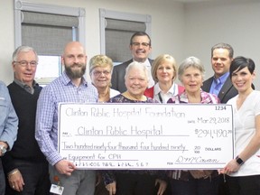 Cheque Presentation (left to right): Fred Lobb (CPHF Board Director); Steve Brown (CPHF Board Treasurer); Michael Fleming (CPH Manager); Jane Groves (CPHF Board Director); Linda Dunford (CPHF Board Director); Bob Clark (CPHF Board Director); Mary Cardinal (HPHA Vice President People & Chief Quality Executive); Sibyl Tebbutt (CPHF Board Director); Darren Stevenson (CPHF Board Chair); Kate Nesbitt (CPH Registered Nurse); Una Roy (CPHF Board Vice-Chair) 
(PHOTO COURTESY OF CLINTON PUBLIC HOSPITAL FOUNDATION)