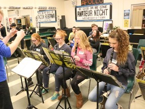 BRUCE BELL PHOTOS/THE INTELLIGENCER
Teacher Andy Seguire leads the Kente Public School band during warm up for Bandfest on Thursday. Bands from nine elementary schools took part in the one-day event at Centennial Secondary School.