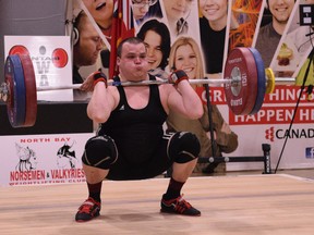 Phil Dampier, of the Canadore Panthers, was among the competitors at the Ontario Weightlifting Association’s annual Scholastic Challenge in North Bay last weekend. The photo captures him at the clean portion of an 123-kilogram lift on his way to winning gold in the 105 kilo class. Simon Ledoux Photo