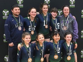 The North Bay Youth Volleyball Club Lakers 12U girls won bronze at the Ontario Volleyball Association Provincial Championships at RIM Park in Waterloo, ON on the weekend. Team members include, in the back row, from left: assistant coach Chris Kangur, Mia Parisien, Kiera Walker, Gwen Cooper and head coach Amber Jahn. Front row, from left: Jaelan Henstridge, Keisha Stone, Sassa Linklater and Vivian Stephens. Missing from the photo was Holly Goodwin-Stephens. Submitted Photo