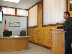 Mark Dilley (right), co-owner of Sauble Speedway, appeared as a delegation at South Bruce Peninsula council in Wiarton on April 3. On Tuesday, Dilley asked council to extend the raceway’s hours of operation for the 2018 season. Photo by Zoe Kessler/Wiarton Echo