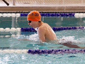 Noah Papatheodorou, 14, of the CT33 Thunderbirds, swimming the breast stroke at the Titans Invitiational at the North Bay YMCA on the weekend. Stephen Tanner Photo