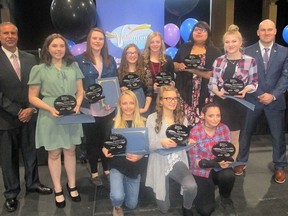 PHOTO SUPPLIED 
Leader of Tomorrow Award Winners & Presenters: (Left to Right) Kneeling - Augustine Clarke; Talia Peters; Taylor Kimpe-Miller. Standing - Larry Gibson, ATCO Electric; Caleigh Gillis; Heather Taylor; Keira Kruger; Sophie Leslie; Revenelle Gladue; Madi Campbell; Dan Magnan, ATCO Gas.