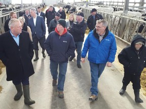 Ontario Progressive Conservative leader Doug Ford, left, speaks with Josh Ireland, centre, and Mark Irleand, right, while on a tour of their dairy farm, Albadon Farms, near Teeswater, Ont. on Thursday, April 19, 2018. Ford stopped at Bruce Power earlier and went on to a PC rally in Mildmay Thursday evening.
Rob Gowan/The Sun Times