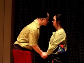 Ian MacAlpine/The Whig-Standard
Actors Nathan Sikkema and Ashaya Garrett perform during a dress rehearsal for the H’art Centre’s original musical, A Gift from Martadella, at the Isabel Bader Centre for the Performing Arts on Wednesday.