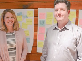 Natalie Germann and Mike Korman stand with posters listing feedback from event organizers within Cochrane.