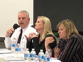 Photo by Chloe Kneer/For The Mid-North Monitor
Representatives from the Ontario Provincial Police took turns fielding residents’ questions at the public consultation on Thursday evening at the Royal Canadian Legion Hall in Espanola.