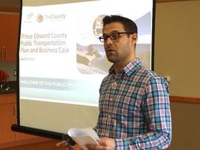 BRUCE BELL/THE INTELLIGENCER
Prince Edward County’s director of community development, Neil Carbone explains plans for an expanded integrated transit system in the municipality at one of two open houses held on Thursday.