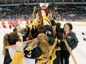 Team Manitoba celebrates after defeating Calgary Surge 3-1 to claim the gold medal in the U16 category at the 2018 Save on Foods Canadian Ringette Championships at Bell MTS Place on April 14.