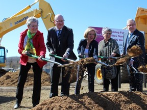 A ground breaking ceremony marks the construction of a long-term care centre at Willow Square in Fort McMurray, Alta. on Friday, April 20, 2018. From L-R: Myrtle Dussault, past president of the Golden Years Society; Mayor Don Scott of the Regional Municipality of Wood Buffalo; Premier Rachel Notley; Joan Furber, president of the Golden Years Society and Murray Crawford, senior operating officer for the Northern Lights Regional Health Centre. Vincent McDermott/Fort McMurray Today/Postmedia Network