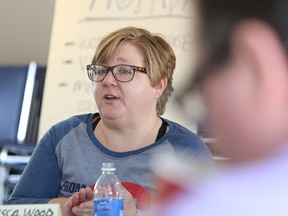 Melissa Wood, unit chair of Unifor Mine Mill 598 at St. Gabriel Villa, makes a point at a health-care assembly on April 20. (John Lappa/Sudbury Star)