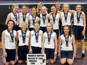 The Chatham-Kent Bantam Wildcats won bronze medals in Division 4 at the 2018 Ontario Cup under-13 girls' provincial basketball championship in St. Catharines, Ont. The Wildcats are, front row, left: Abby Brown, Olivia Anjema, Abby Denomy, Megan Quinlan and Hailey Caron. Middle row: Jocelyn Stokes, Sofia Makinen, Anna Demartinis, Ashlynn Ramboer, Regan Vlasschaert, Emily Stokes and Victoria Newcombe. Back row: coaches Natalie Stokes and Justin Brown. The Wildcats beat the Ottawa Shooting Stars 30-27 in the bronze-medal game after placing second in their pool with a 2-1 record. (Contributed Photo)