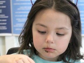 Lydia Blais, 4, decorates a cupcake during We All Love Kids at Sault College on Saturday.