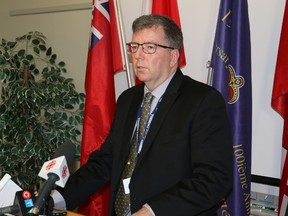 Marc Depatie, spokesman for the Timmins Police Service, addresses the local media Sunday afternoon following Friday's discovery of four human remains in a charred vehicle.

(Len Gillis/The Daily Press)