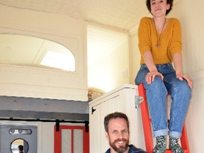 Collin Young and his 19-year-old daughter Zoe inside Zoe's tiny house, which the pair towed to the weekend Eco-Fair in Meaford. DENIS LANGLOIS/THE SUN TIMES